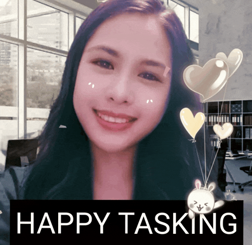 a picture of a woman with hearts and the words happy tasking