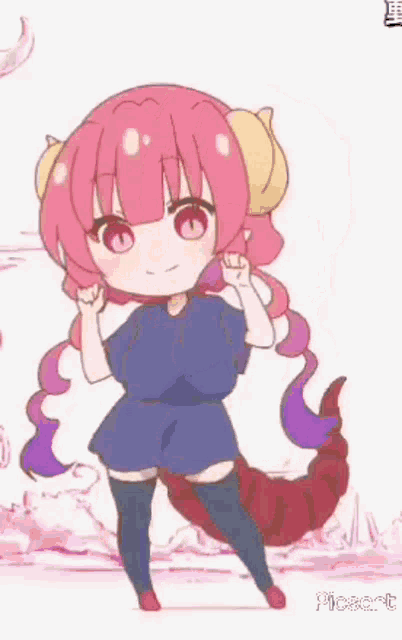 a cartoon girl with pink hair and horns is dancing in front of a scorpion .