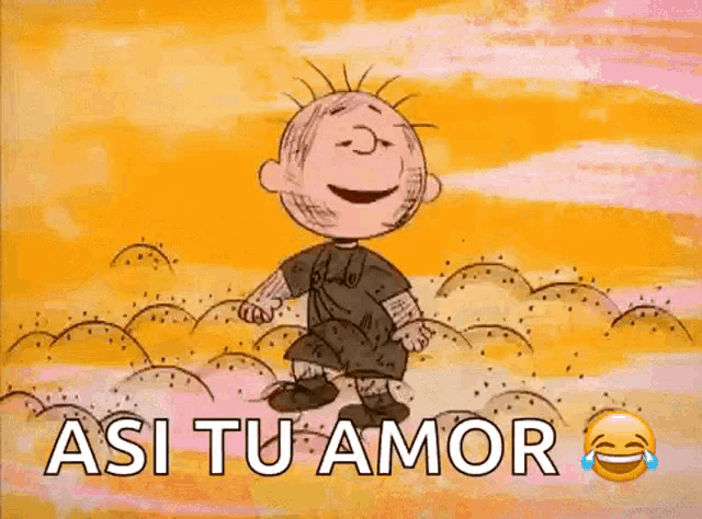a cartoon of a boy standing in a field with the words " asi tu amor " on the bottom