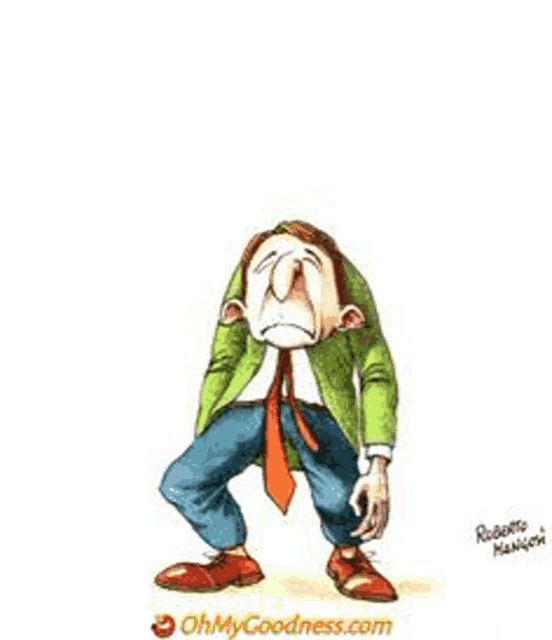 a cartoon of a man in a green jacket and tie is standing with his head in his hands .