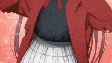 a girl with long hair is wearing a red jacket and a white plaid skirt