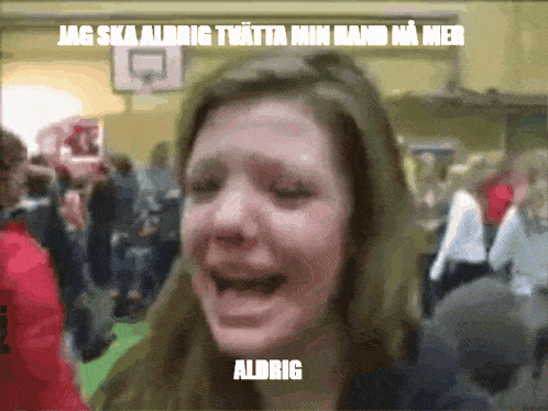a girl is crying in front of a crowd with the words jag ska aldrig written on the bottom