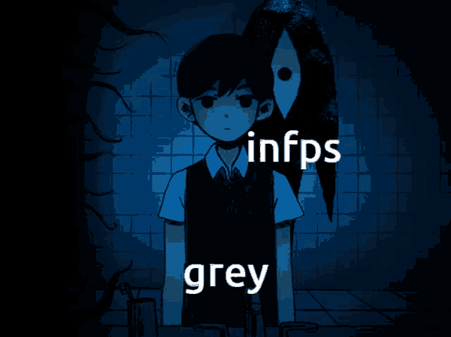 a cartoon of a boy with a bird behind him and the words infps grey below him