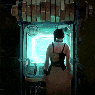 a woman is standing in front of a machine that has the letters ts and xs on it