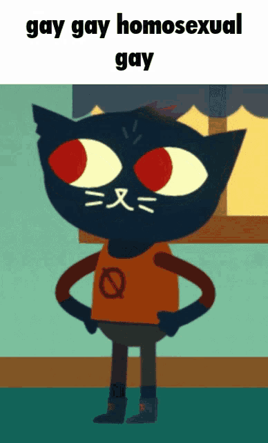 a cartoon cat is standing with his hands on his hips and the caption gay gay homosexual gay