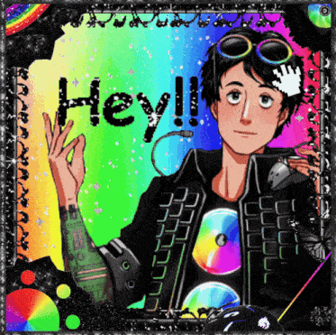 a picture of a boy with a rainbow background and the word hey written on it