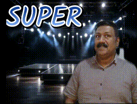 a man with a mustache is standing in front of a stage with the word super written on it