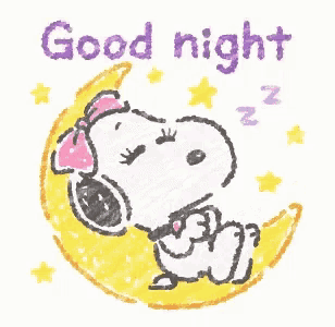 a drawing of snoopy sleeping on a crescent moon with the words good night written on it