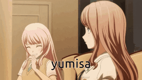 two anime girls are sitting next to each other with yumisa written on the bottom right