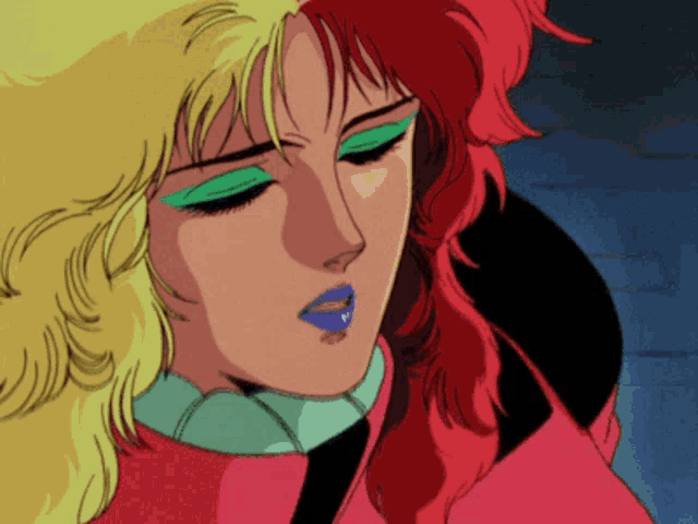 a cartoon of a woman with red hair and green eye shadow