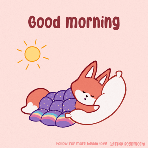 a cartoon of a fox sleeping with the words good morning below