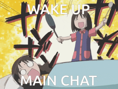a cartoon drawing of a girl holding a feather duster and the words wake up main chat