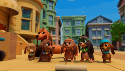 a group of cartoon dachshunds are walking down a sidewalk