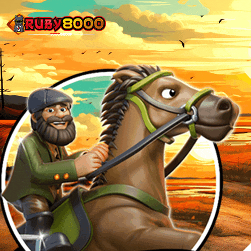 a cartoon of a man riding a horse with ruby8000 written on the bottom