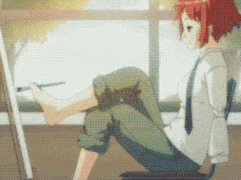 a pixel art of a girl sitting on a chair painting a picture .