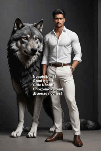 a man standing next to a large wolf that says noapte bunal