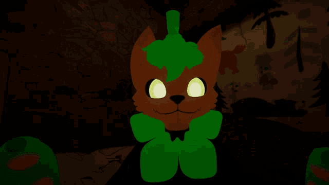 a cartoon of a cat with green leaves on its head