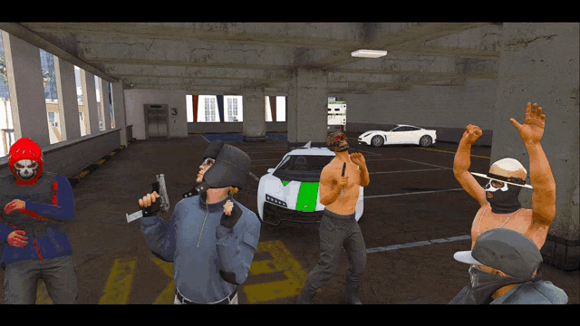 a man in a mask holds a gun in front of a white car