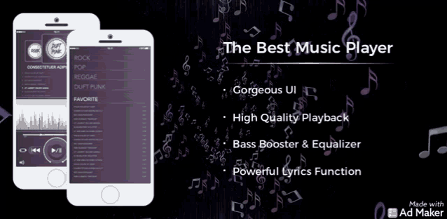 an ad for the best music player features high quality playback and bass booster and equalizer