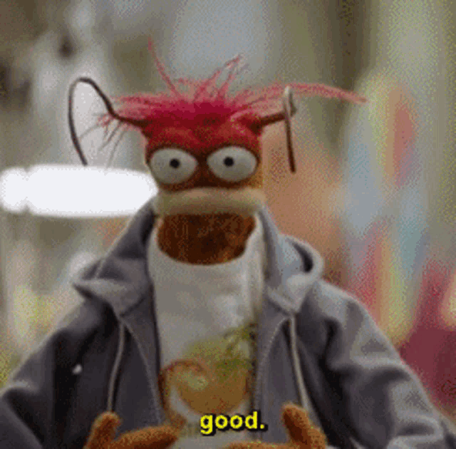 a stuffed animal wearing a hoodie and a t-shirt that says good