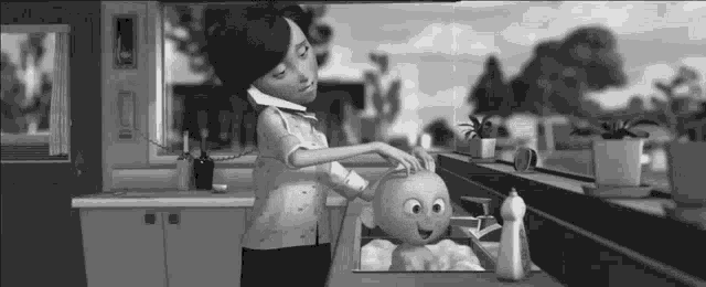 a black and white cartoon of a woman washing an orange in a kitchen sink .