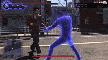a video game screen shows a man fighting another man with the words defend yourself at the top