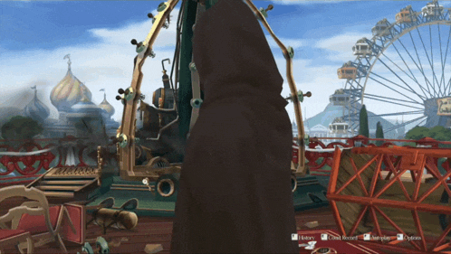 a screenshot of a video game shows a ferris wheel and a statue