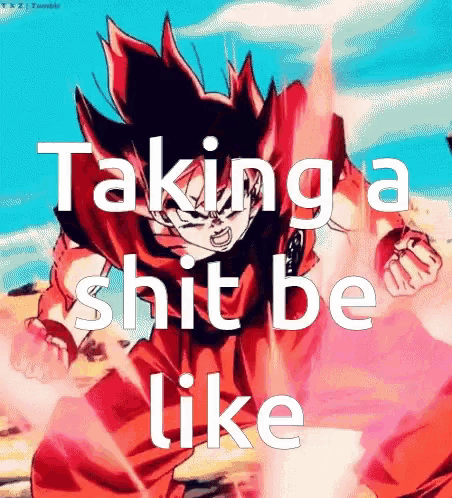a picture of a person with the words taking a shit be like