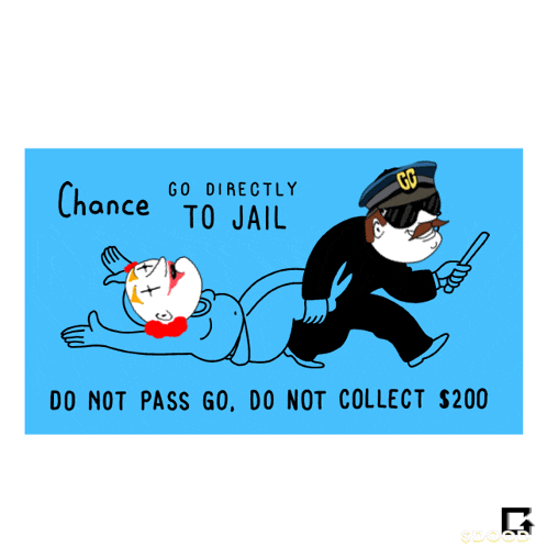 a cartoon of a man laying on the ground with the words " chance to jail " on the bottom