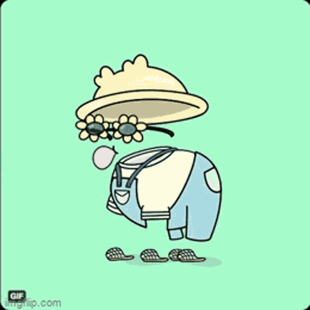a cartoon drawing of a person wearing a hat , sunglasses , and overalls .