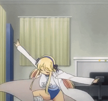 a blonde anime girl in a white coat and blue shorts is dancing
