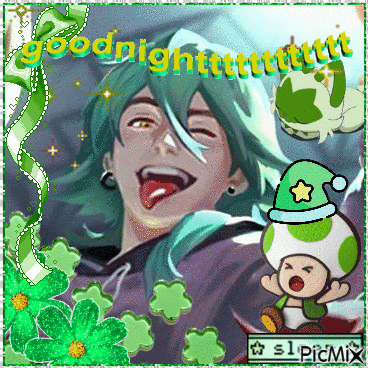 a picture of a man with green hair and the words goodnight written above him