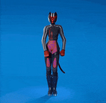 a woman in a black cat suit is dancing on a blue background