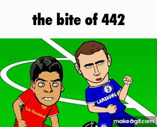 a cartoon of two soccer players with the words " the bite of 442 " on the bottom
