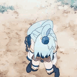 a girl with blue hair is standing on a dirt road with her mouth open .