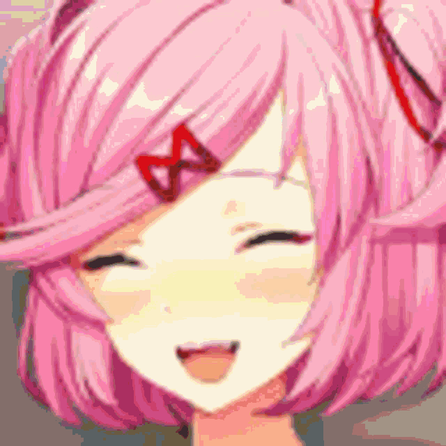 a close up of a pink haired anime girl with a bow on her head .