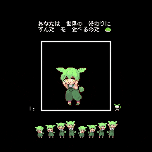 a pixel art drawing of a girl with green hair and overalls