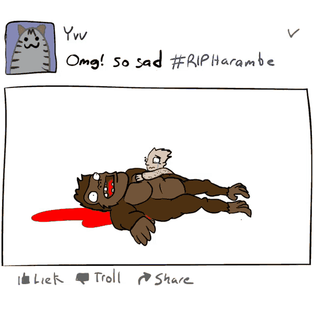 a cartoon of a gorilla laying on the ground with the caption omg so sad #ripharambe