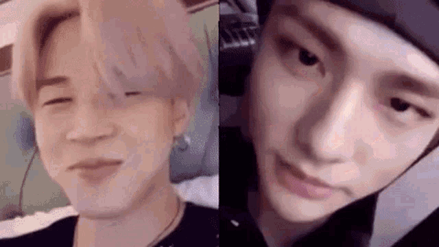 a close up of a person 's face next to another person 's face .