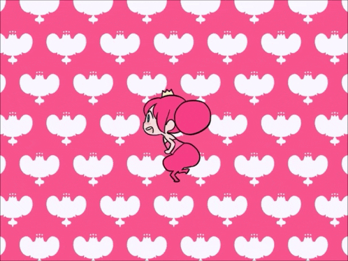 a pink cartoon character is standing in front of a pink and white pattern
