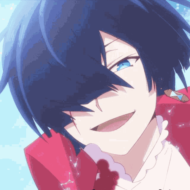 a close up of a anime character with blue hair