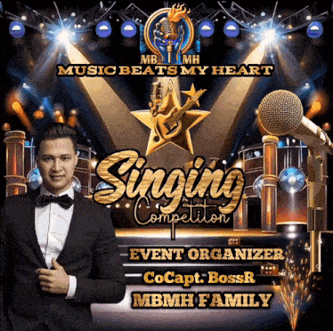 a poster for a singing competition with a man in a tuxedo standing in front of a microphone
