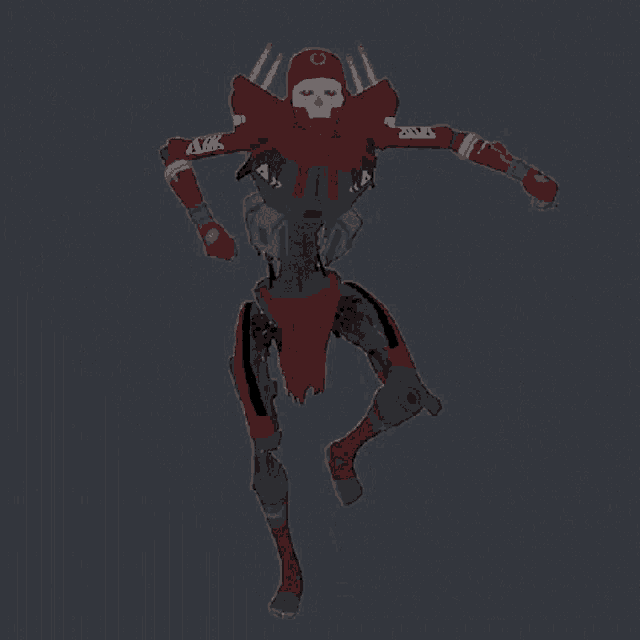 a robot with a scarf around its neck and a skull on it 's head is flying in the air .