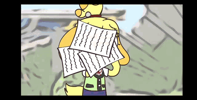 a cartoon drawing of a dog holding a stack of paper