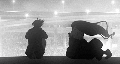 a black and white drawing of a man and a woman looking out over a bridge