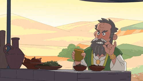 a cartoon drawing of a man with a beard and mustache holding a cup