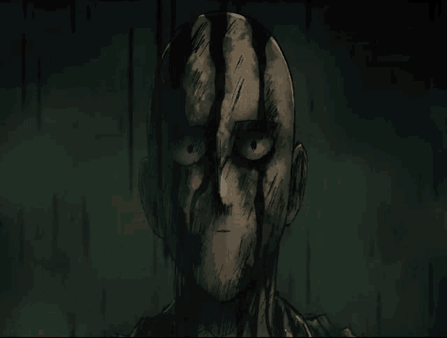 a drawing of a man with a shaved head and green eyes