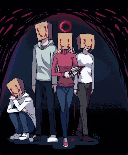 a group of people with boxes on their heads with smiley faces