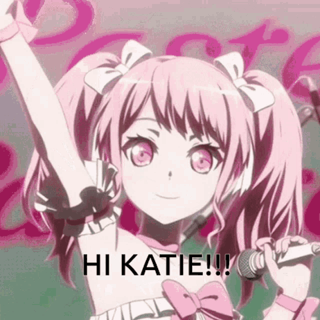 a pink anime girl with pigtails is holding a microphone and saying hi katie !