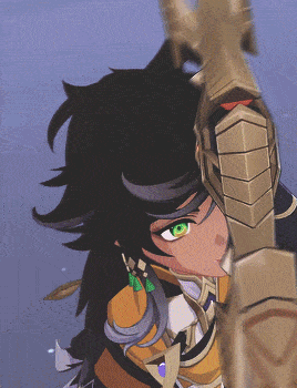 a cartoon character with green eyes and black hair